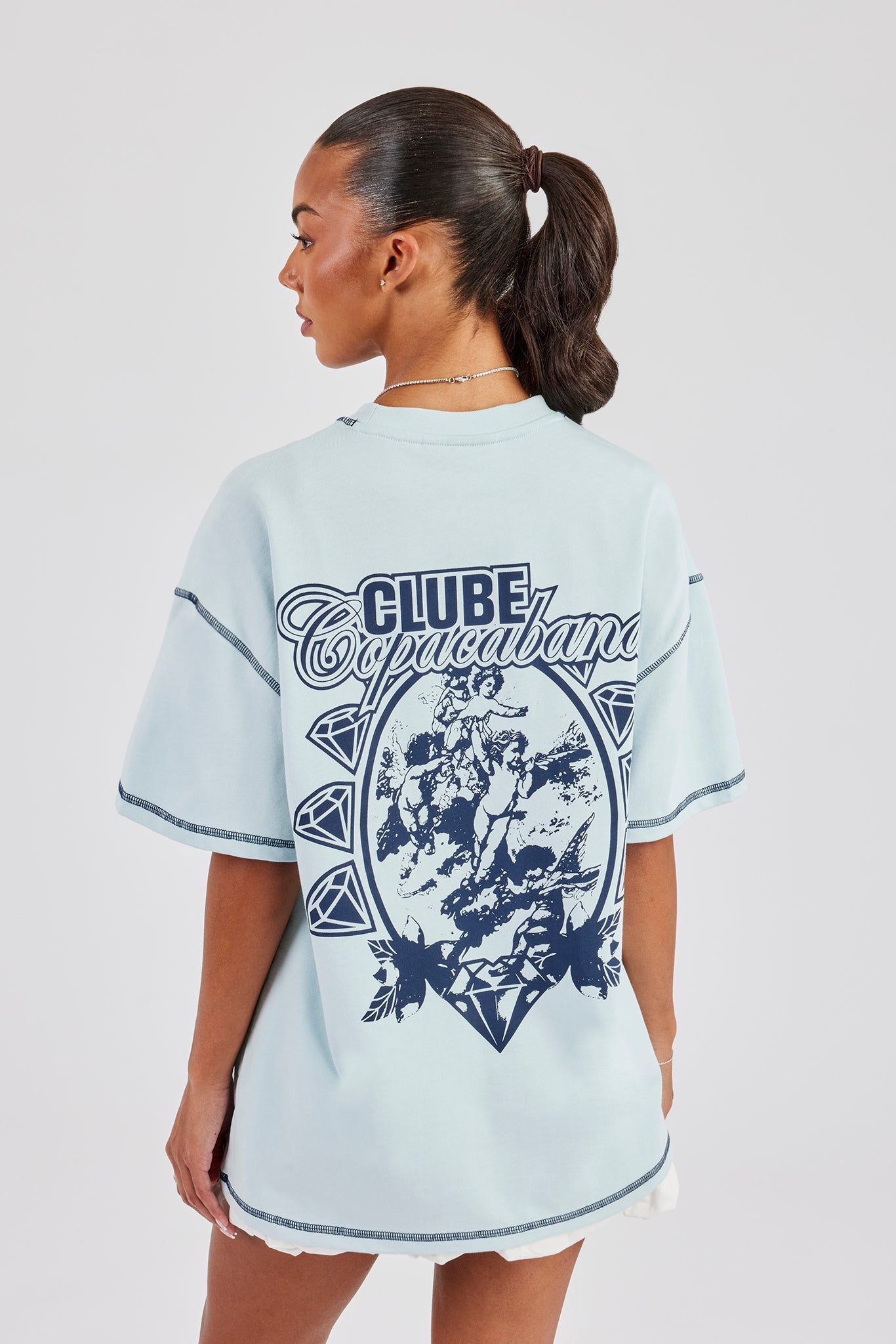 Copacabana Contrast Stitch Oversized T-Shirt - Baby Blue