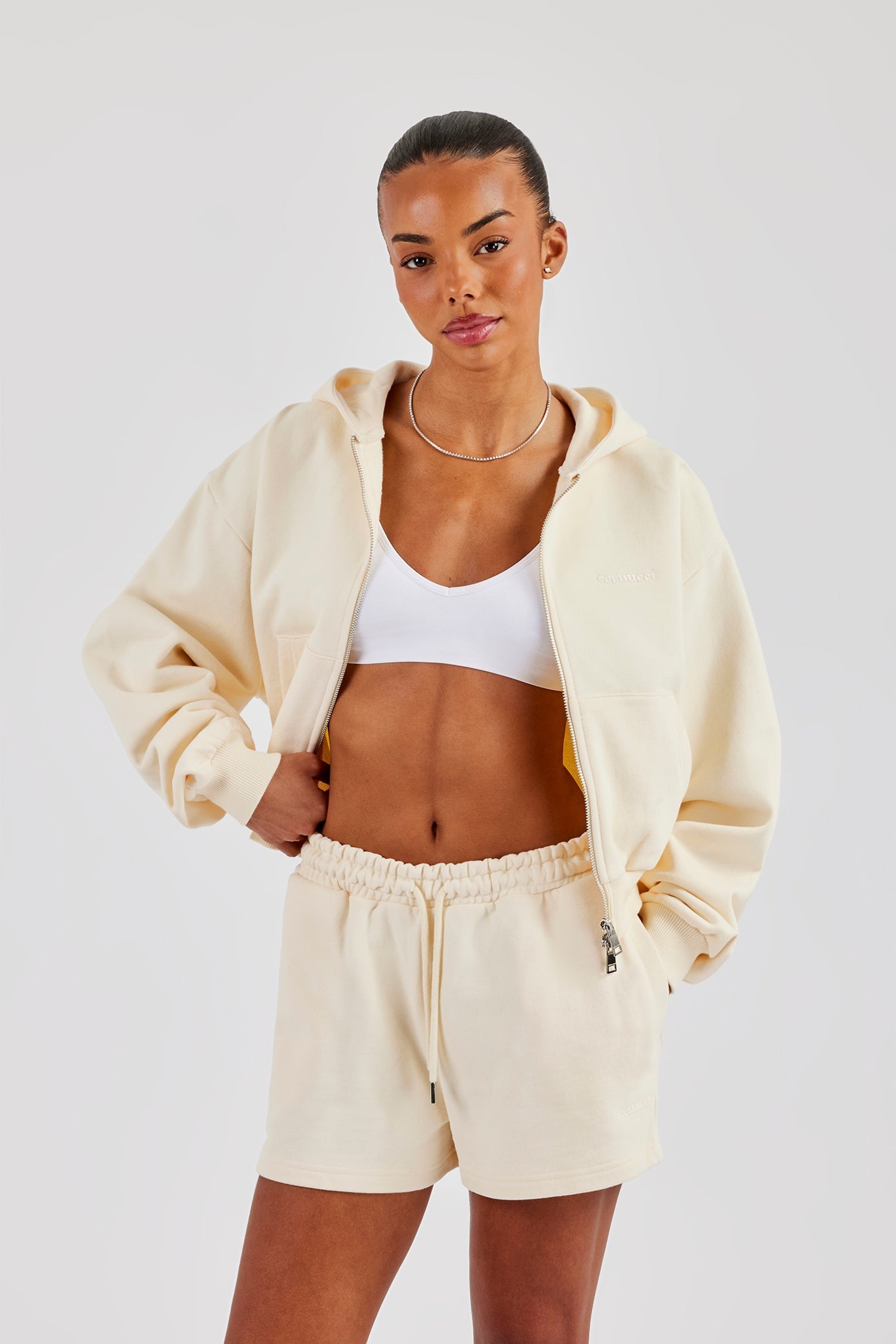 Cropped Zip Through Hoodie & Embroidered Short - Butter Yellow