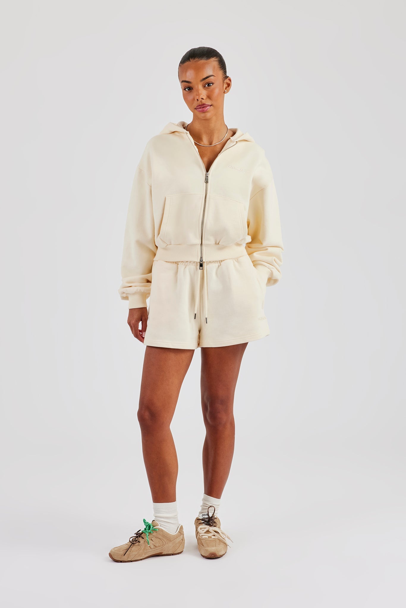 Cropped Zip Through Hoodie & Embroidered Short - Butter Yellow