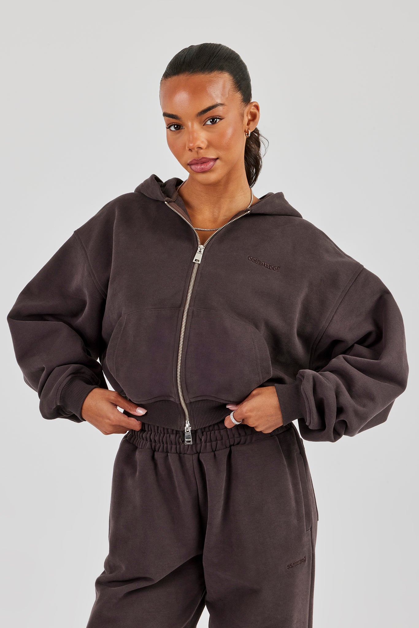 Cernucci Zip Through Cropped Hoodie - Coffee