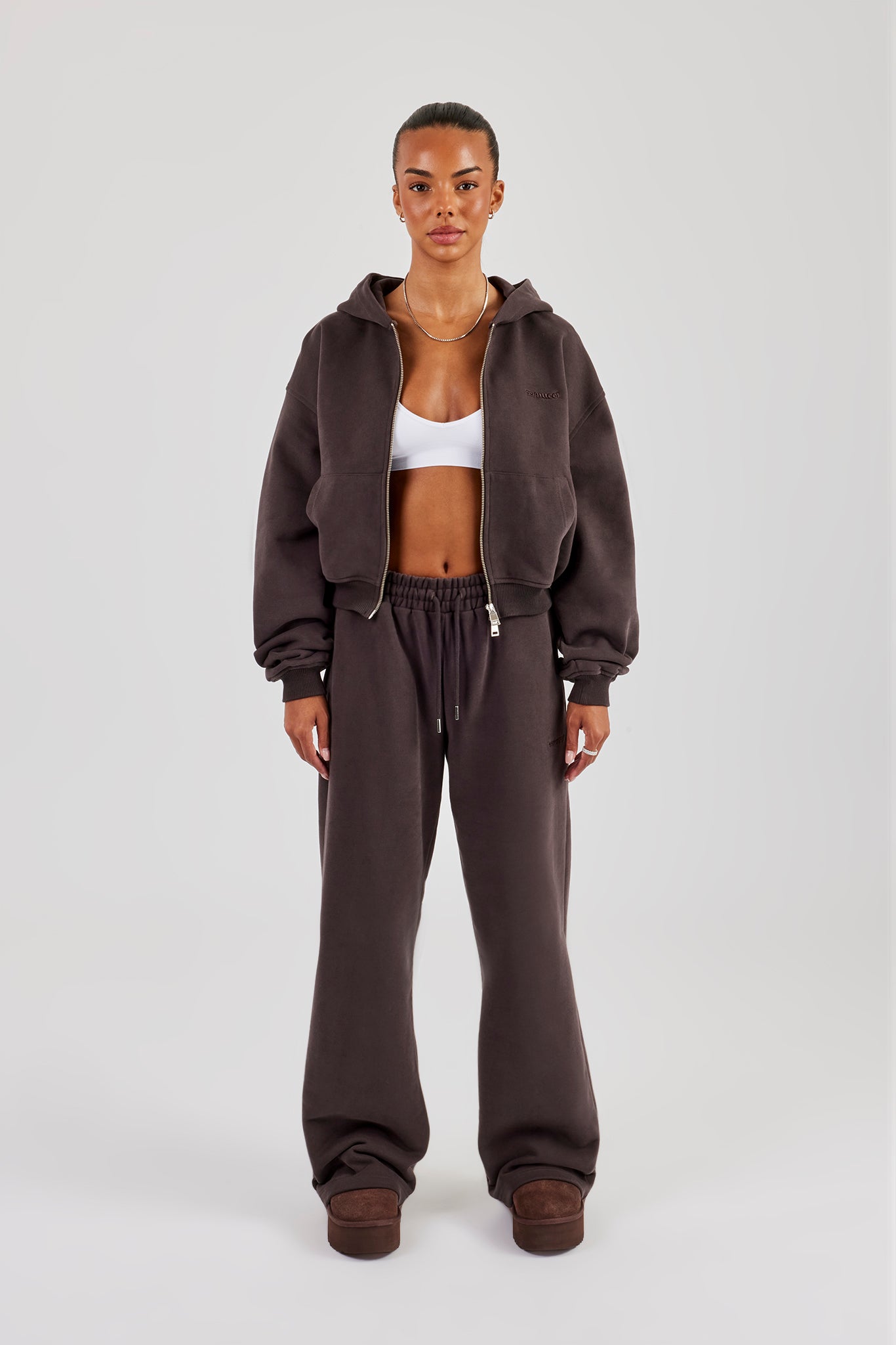 Cernucci Cropped Zip Through Hoodie & Wide Leg Jogger - Coffee