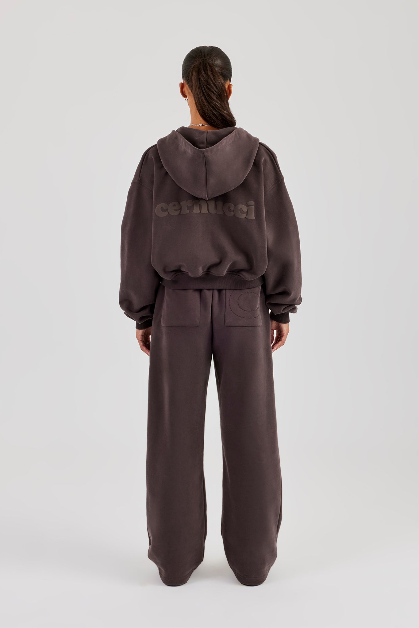 Cernucci Cropped Zip Through Hoodie & Wide Leg Jogger - Coffee