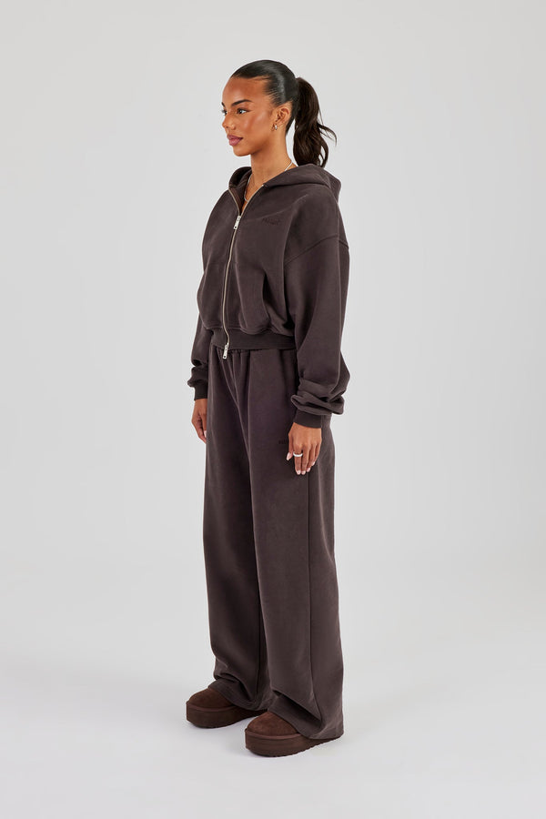 Cernucci Cropped Zip Through Hoodie & Wide Leg Jogger - Coffee