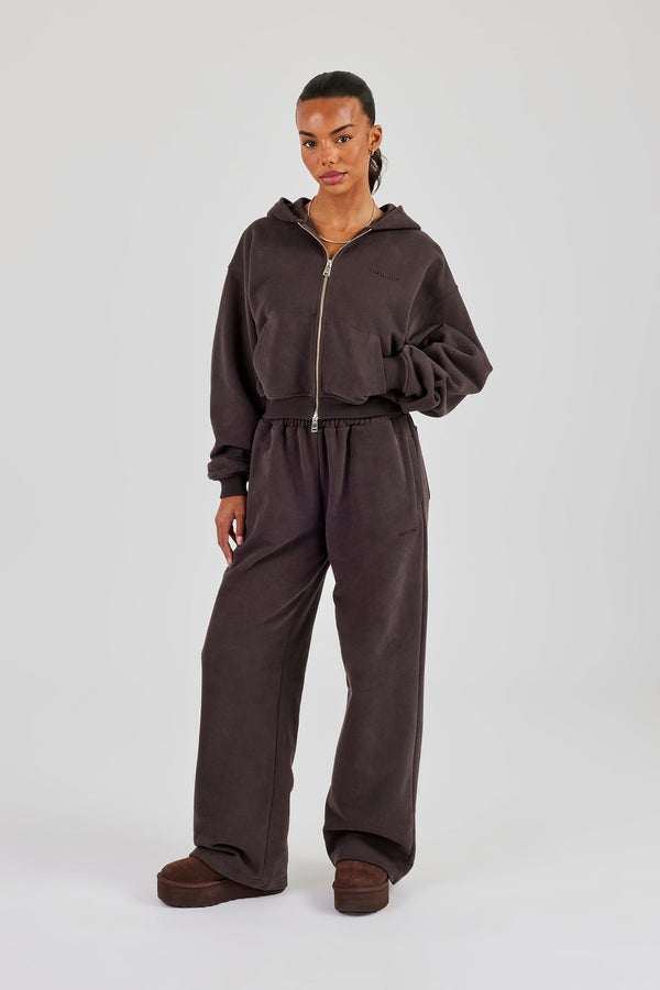 Cernucci Cropped Zip Through Hoodie & Wide Leg Jogger - Coffee