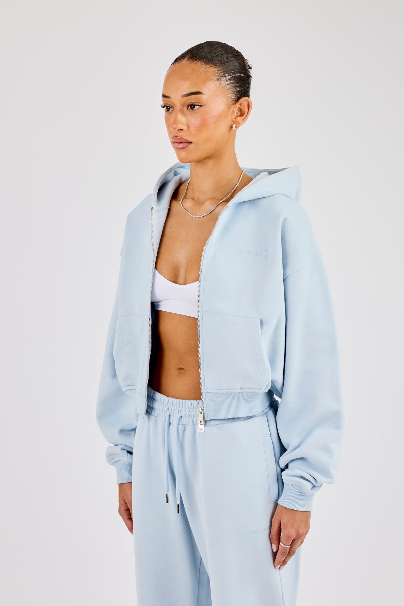 Cernucci Cropped Zip Through Hoodie - Powder Blue