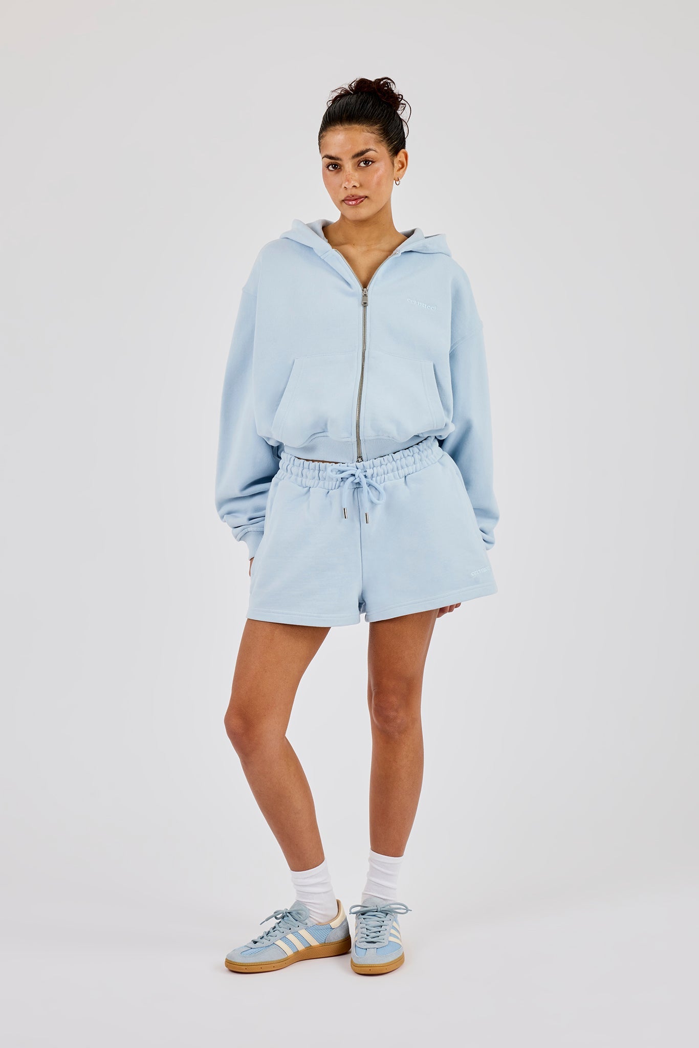 Cernucci Cropped Zip Through Hoodie & Embroidered Short – Powder Blue