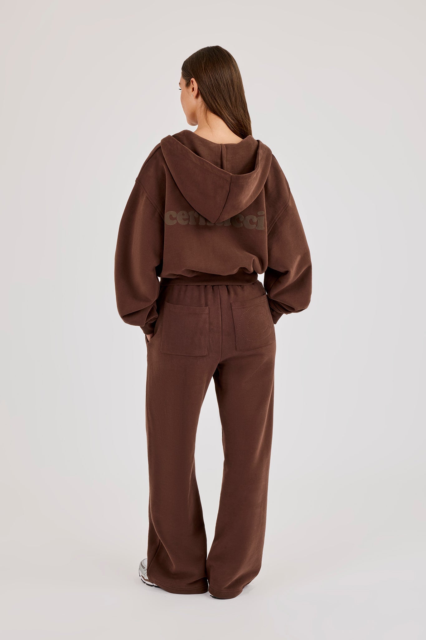 Cernucci Cropped Zip Through Hoodie & Wide Leg Jogger - Midnight Mocha