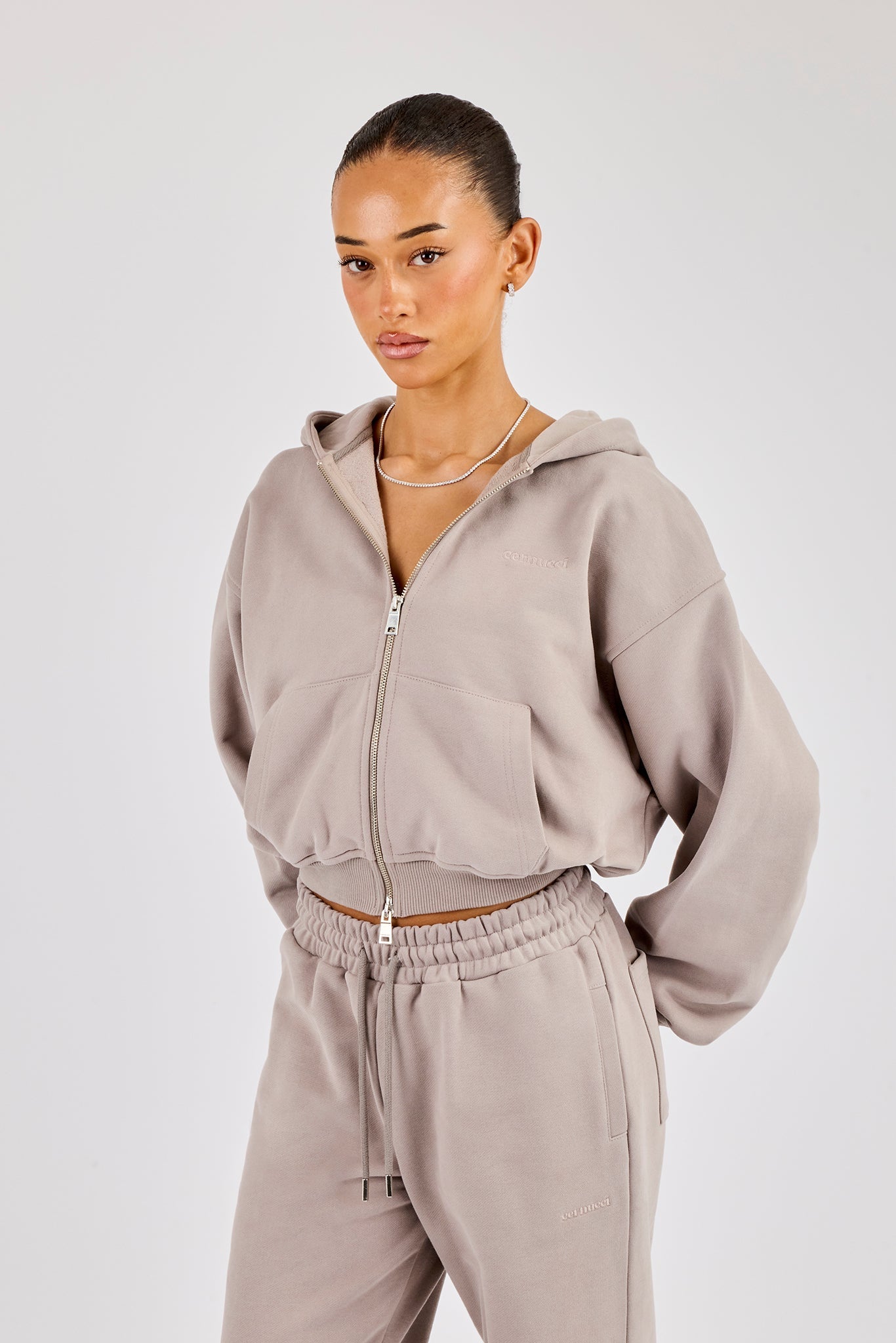 Cernucci Cropped Zip Through Hoodie - Stone