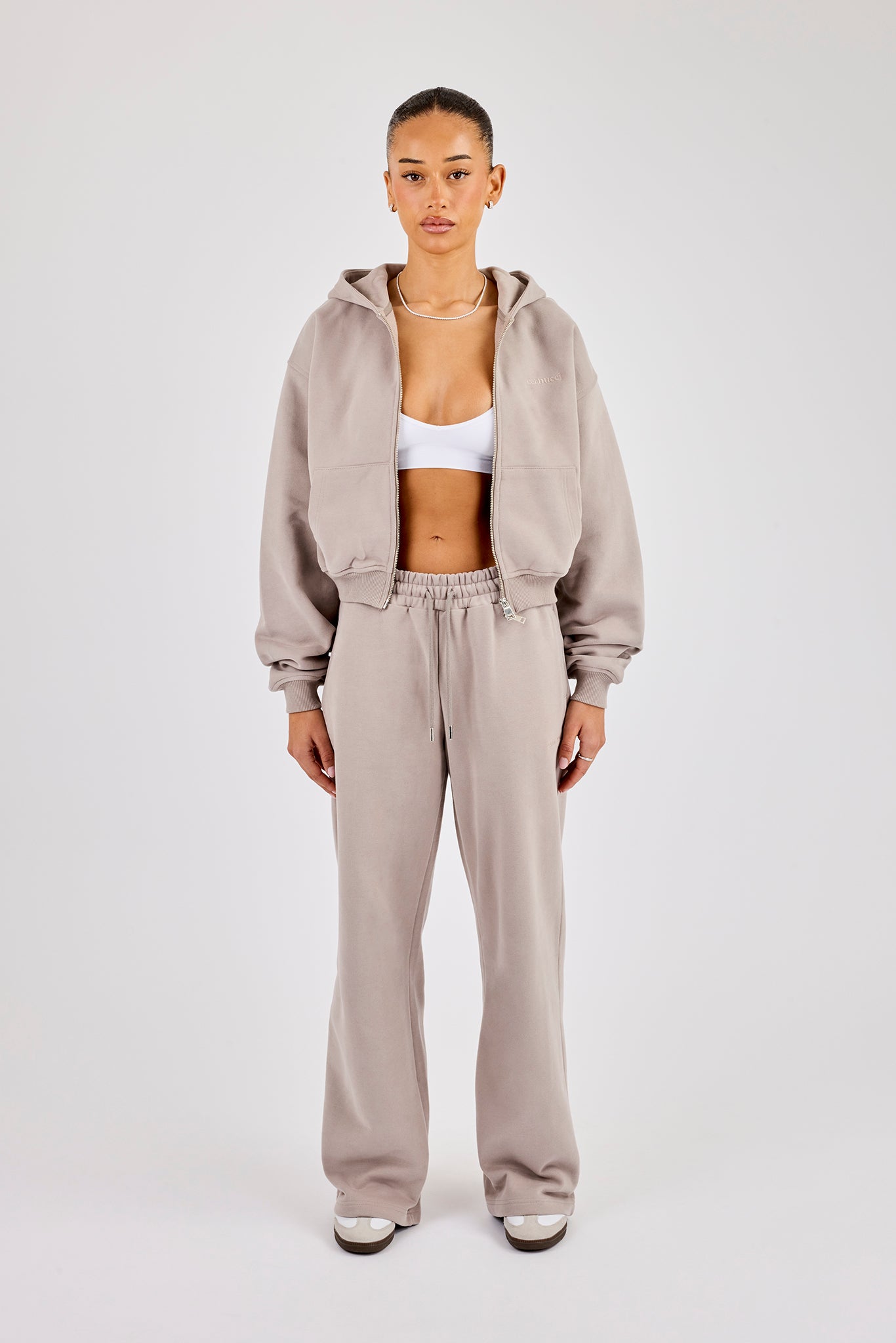 Cernucci Cropped Zip Through Hoodie & Wide Leg Jogger - Stone