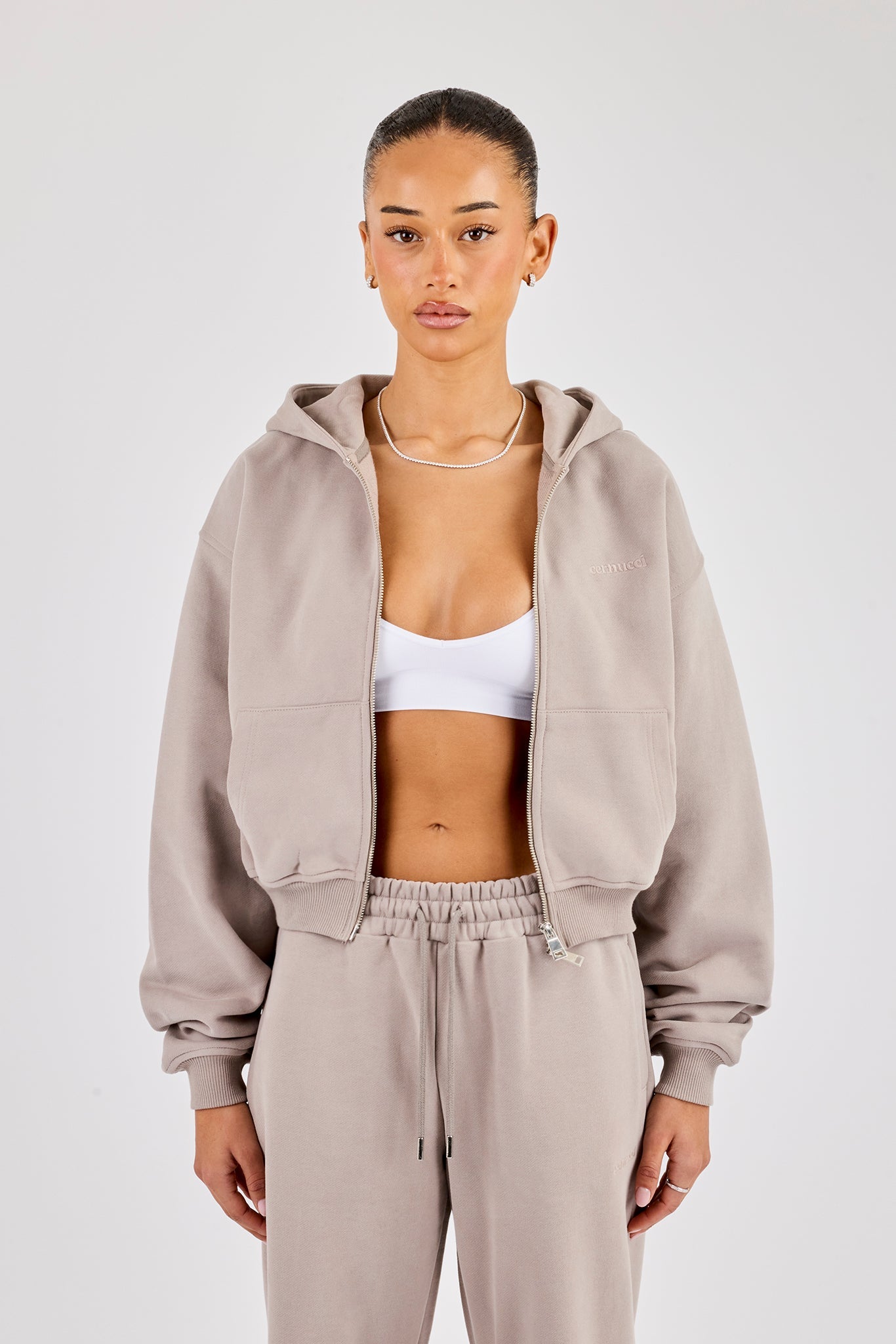 Cernucci Cropped Zip Through Hoodie - Stone