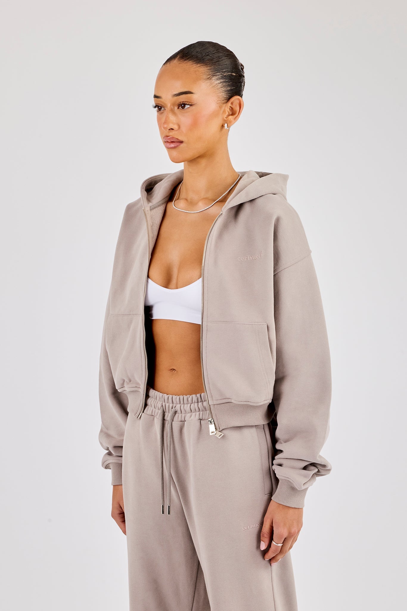 Cernucci Cropped Zip Through Hoodie - Stone