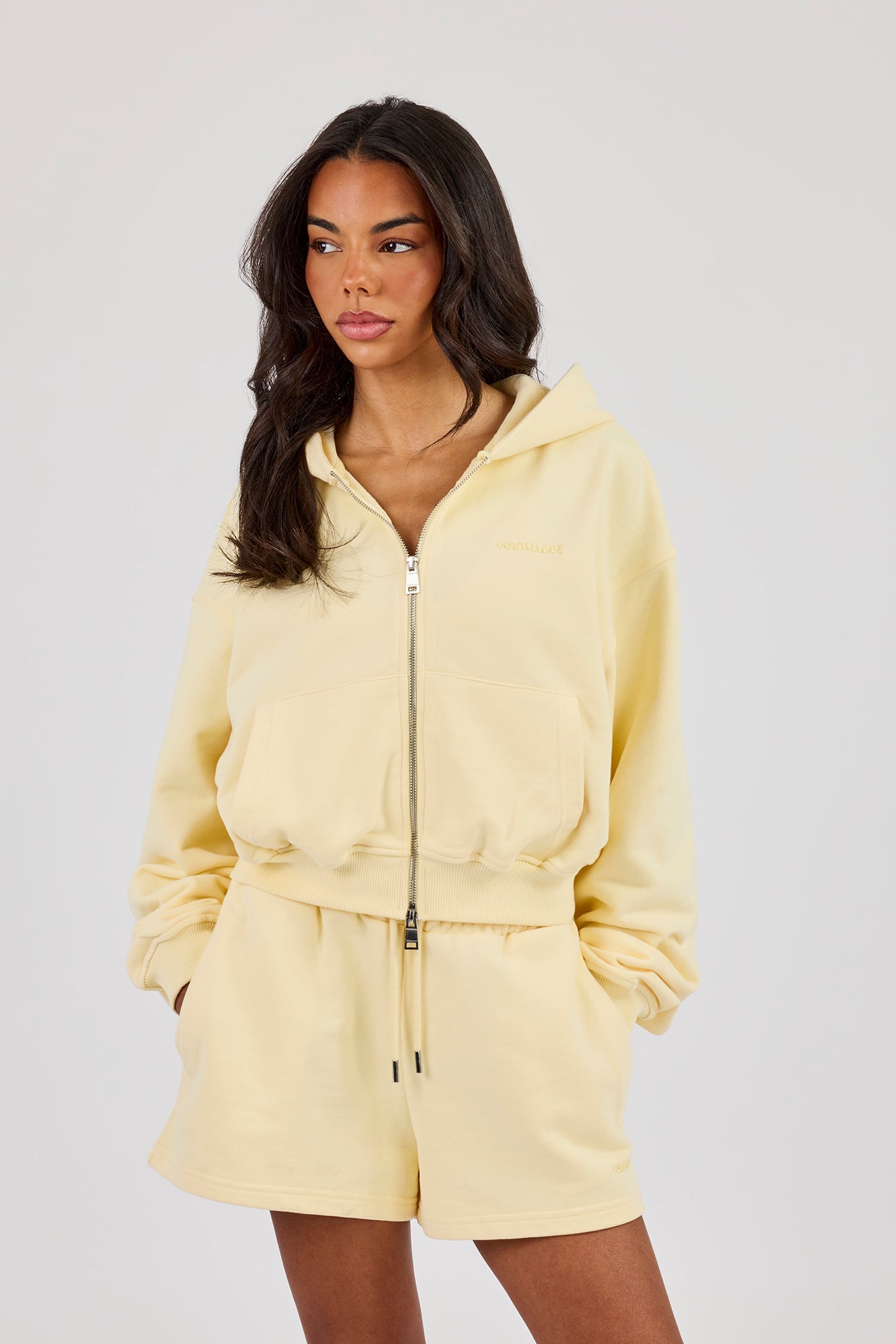 Cernucci Cropped Zip Through Hoodie & Embroidered Short - Lemon