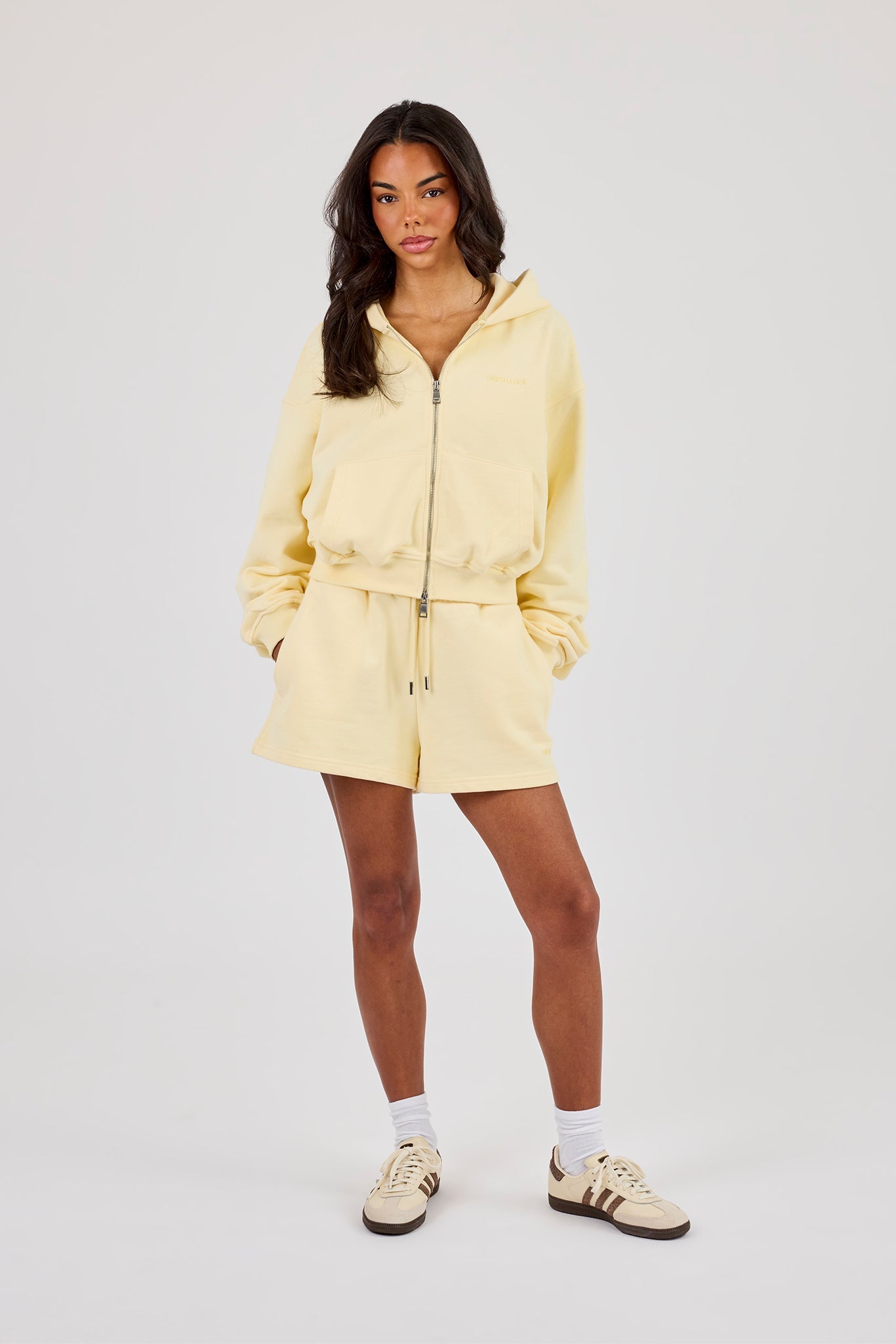 Cernucci Cropped Zip Through Hoodie & Embroidered Short - Lemon
