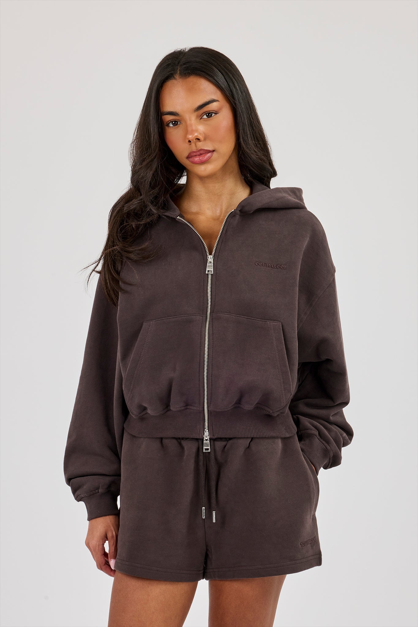 Cernucci Zip Through Cropped Hoodie - Coffee