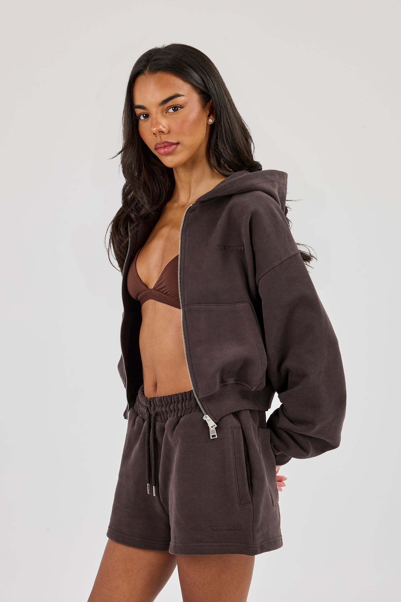 Cernucci Zip Through Cropped Hoodie - Coffee