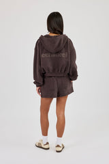 Cernucci Zip Through Cropped Hoodie & Embroidered Short - Coffee