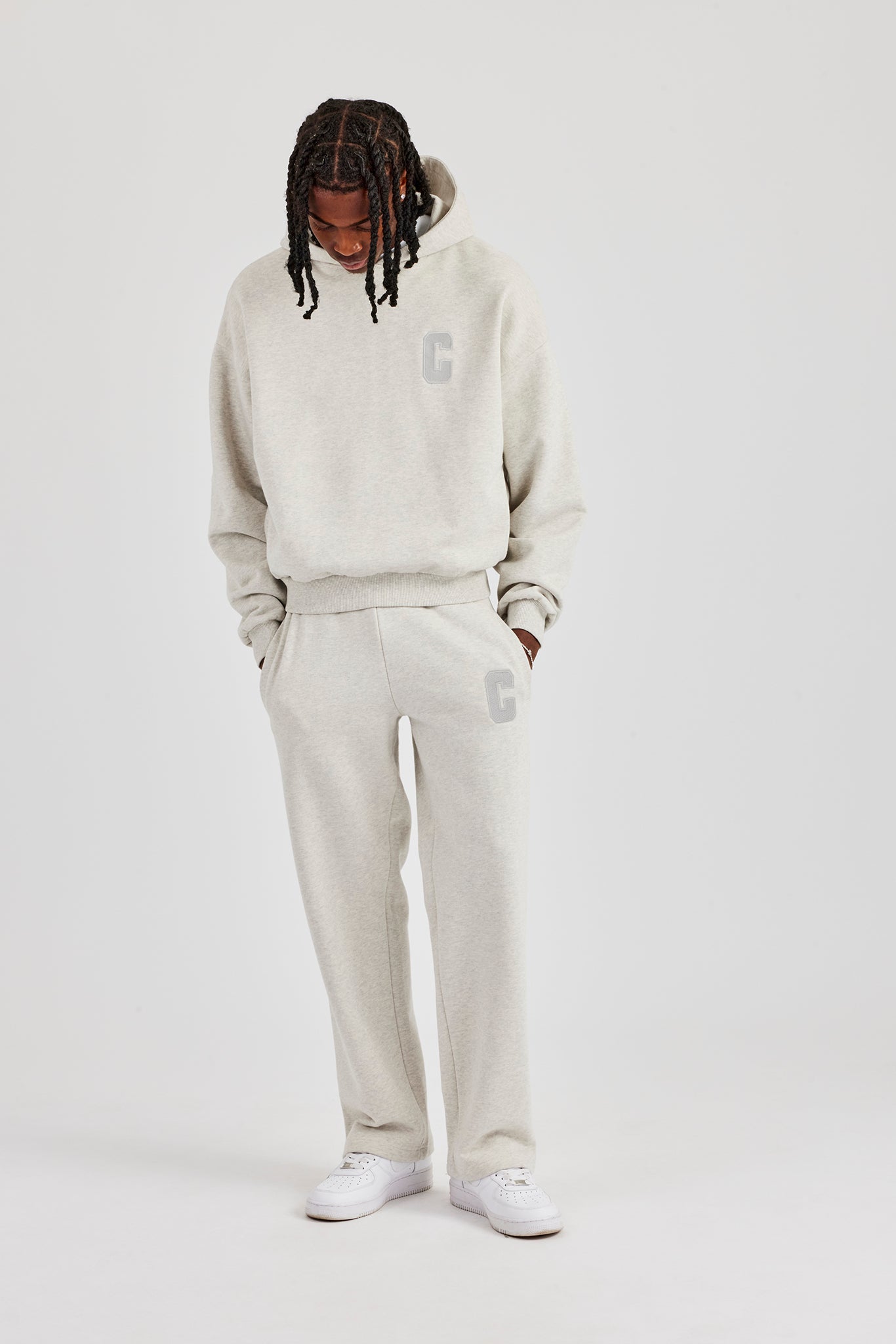 Embroidered C Boxy Hooded Tracksuit - Ash Grey