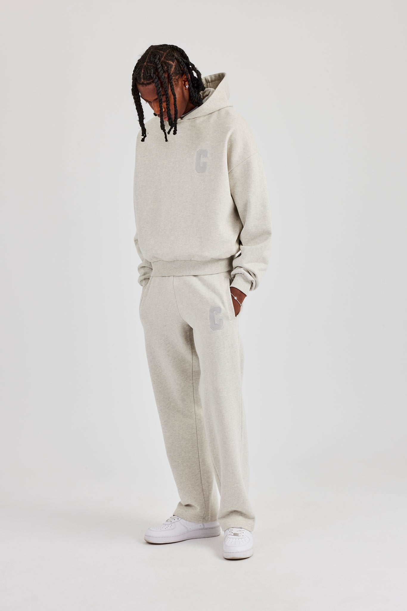 Embroidered C Boxy Hooded Tracksuit - Ash Grey