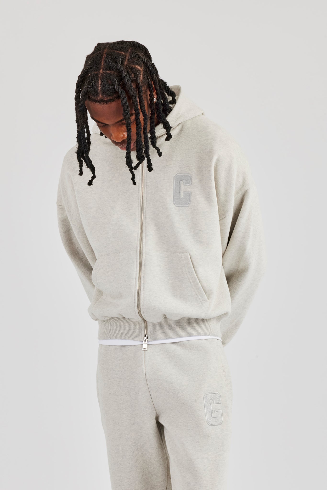 Embroidered C Boxy Zip Through Hoodie - Ash Grey