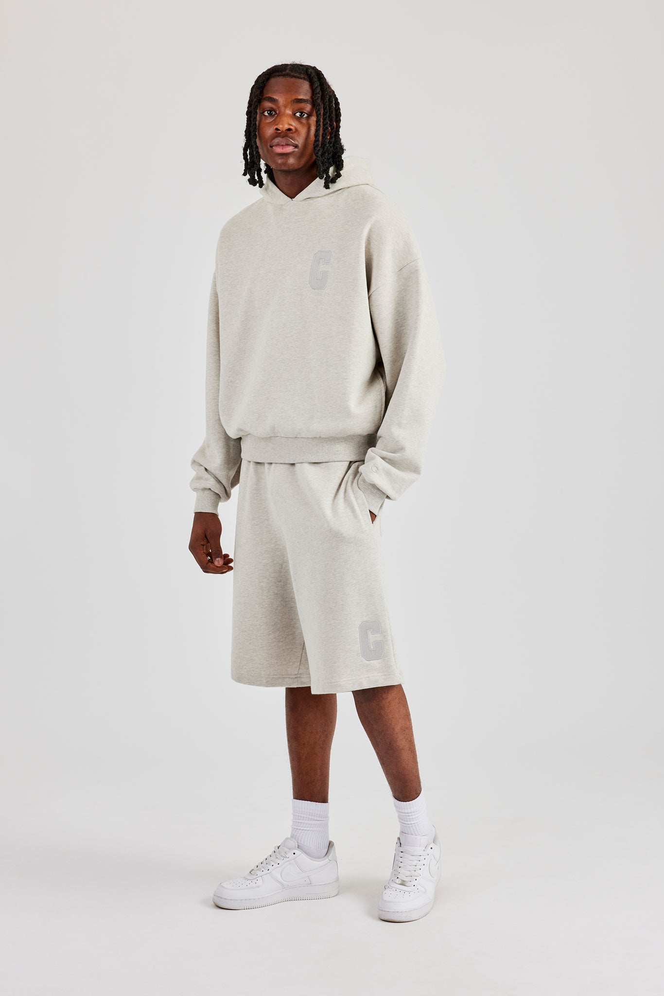 Embroidered C Boxy Hoodie & Short - Ash Grey