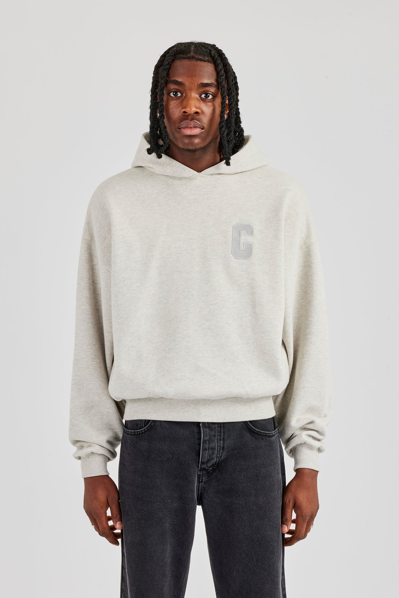 Embroidered C Boxy Hoodie - Ash Grey