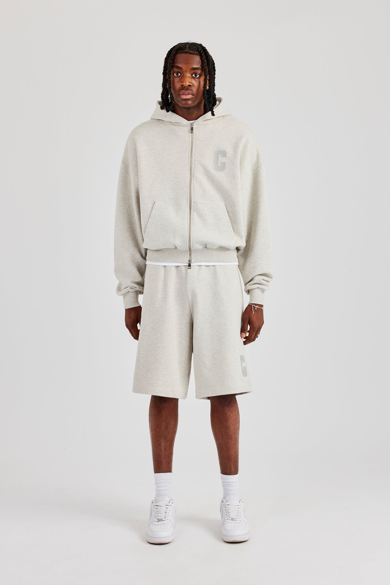 Embroidered C Boxy Zip Through Hoodie & Short - Ash Grey