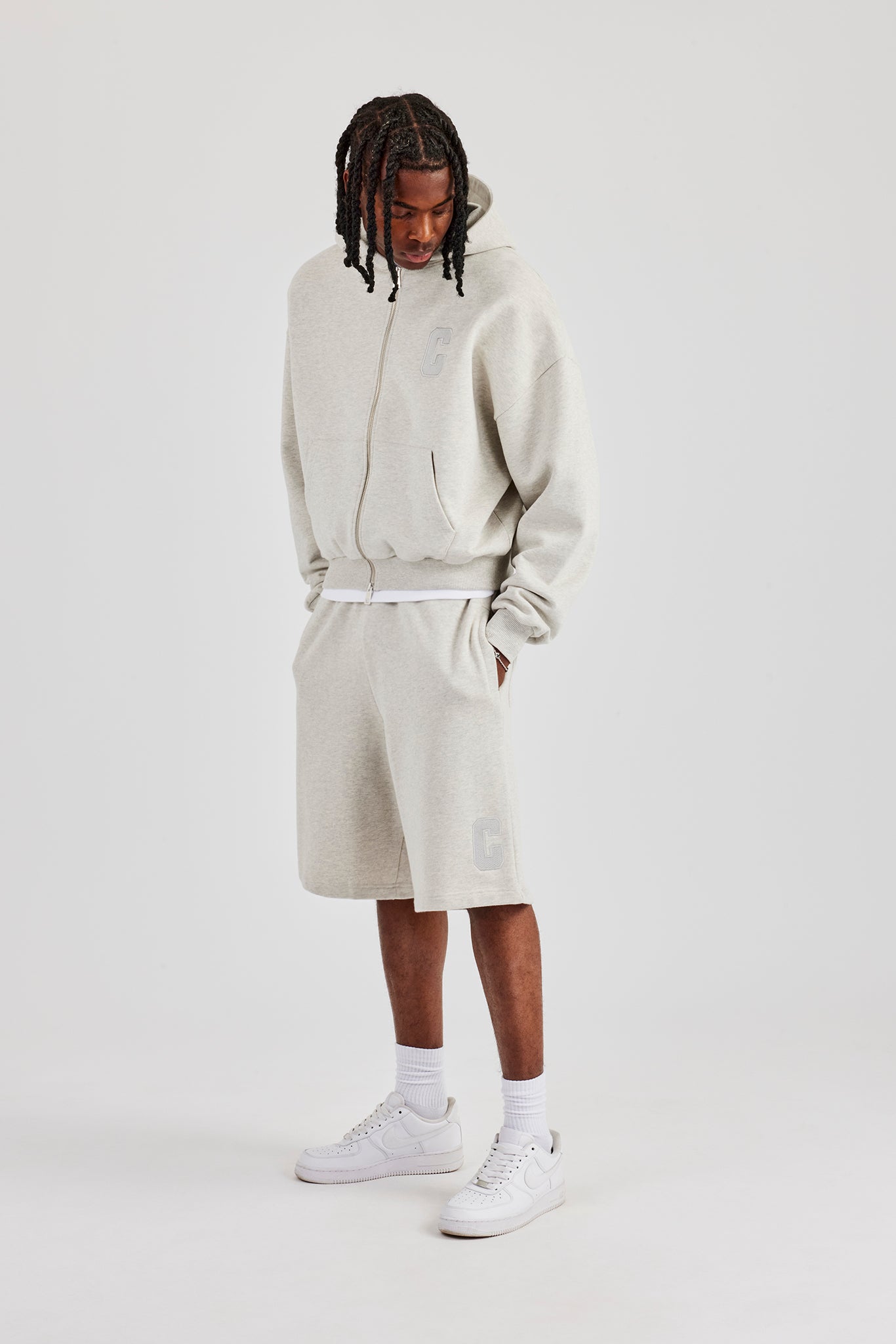 Embroidered C Boxy Zip Through Hoodie & Short - Ash Grey