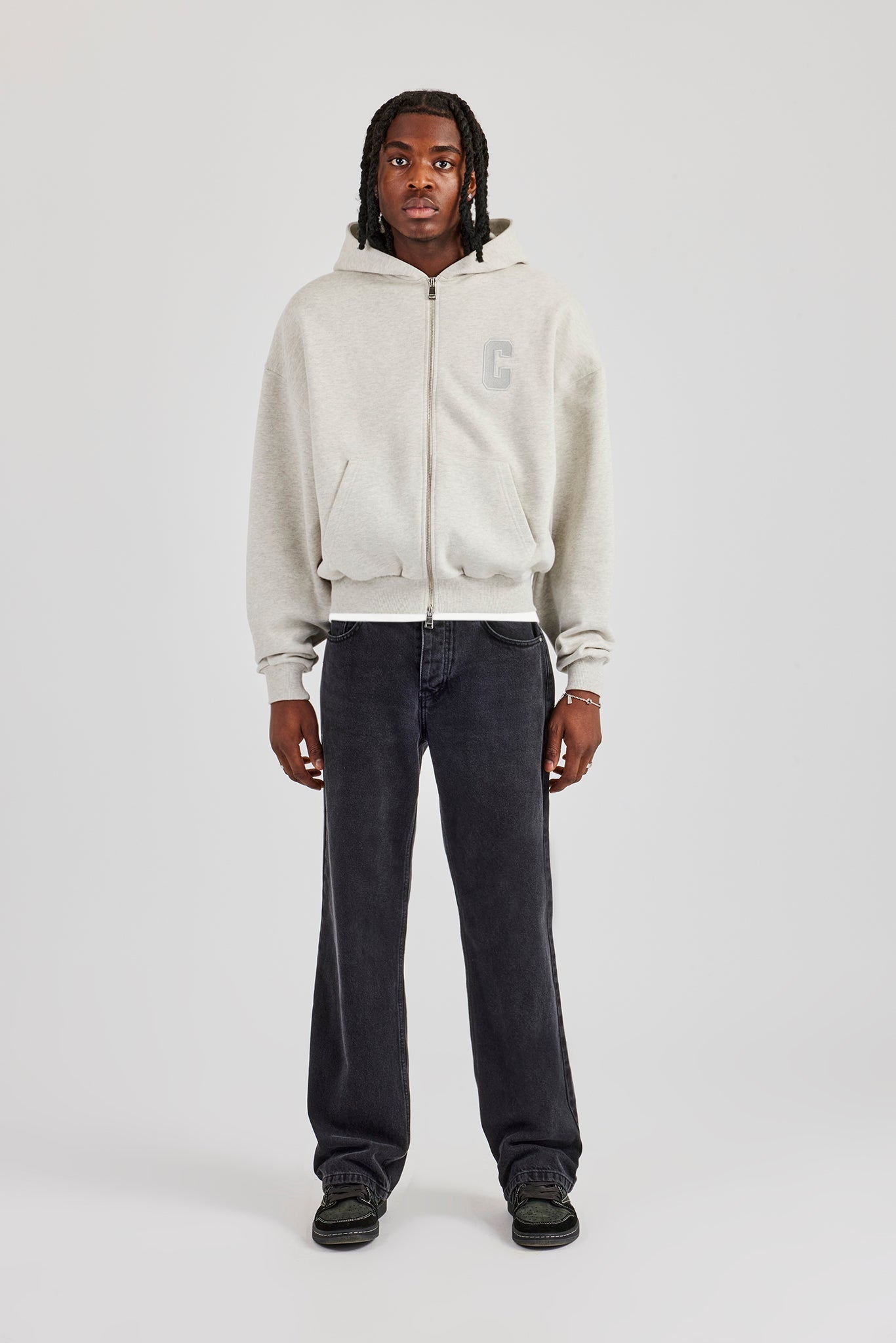 Embroidered C Boxy Zip Through Hoodie - Ash Grey