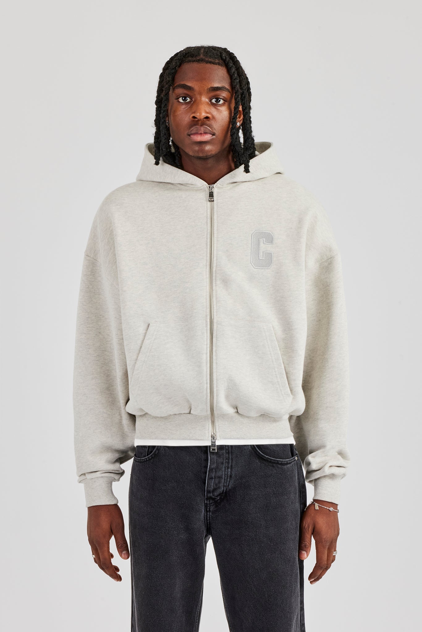 Embroidered C Boxy Zip Through Hoodie - Ash Grey