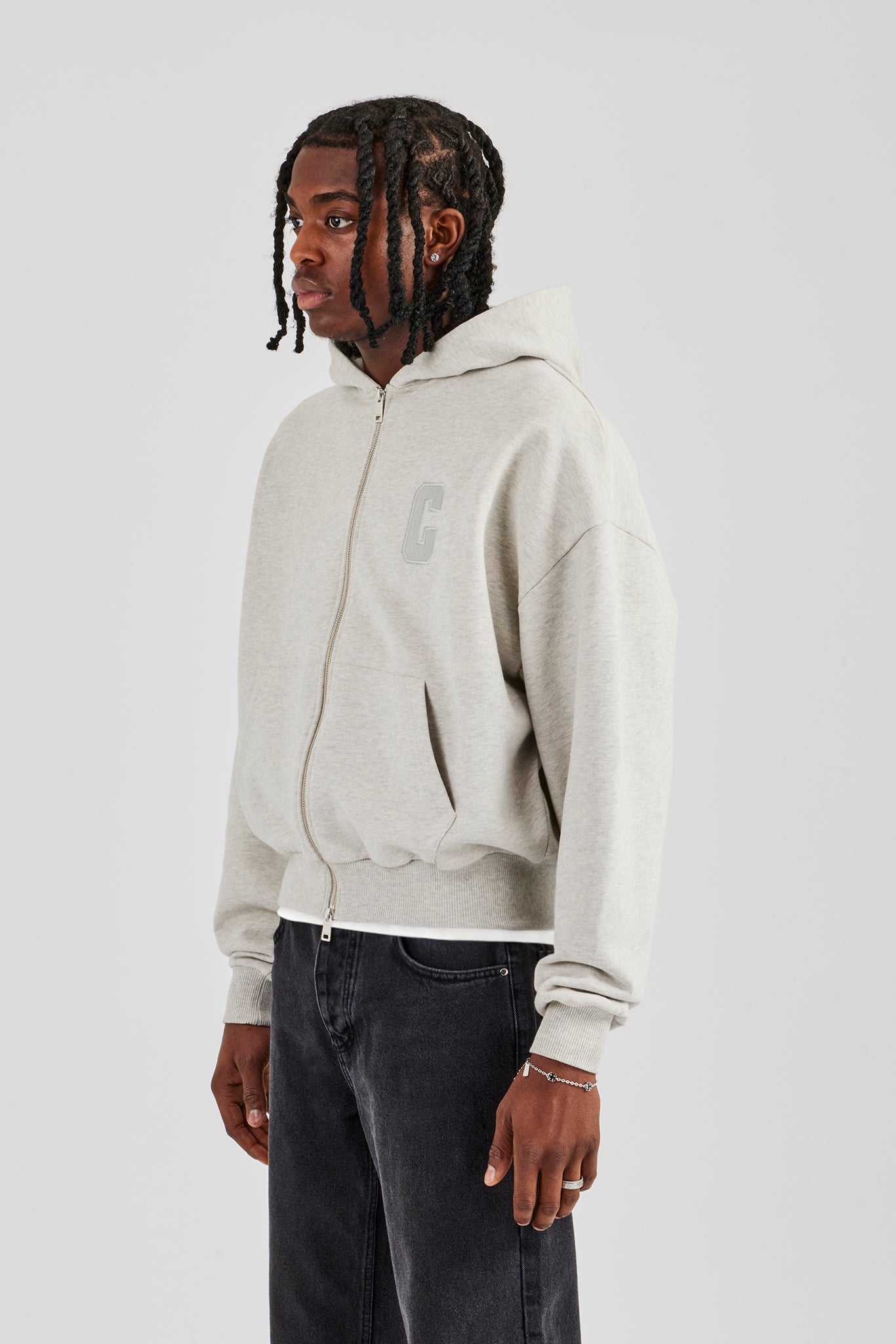 Embroidered C Boxy Zip Through Hoodie - Ash Grey