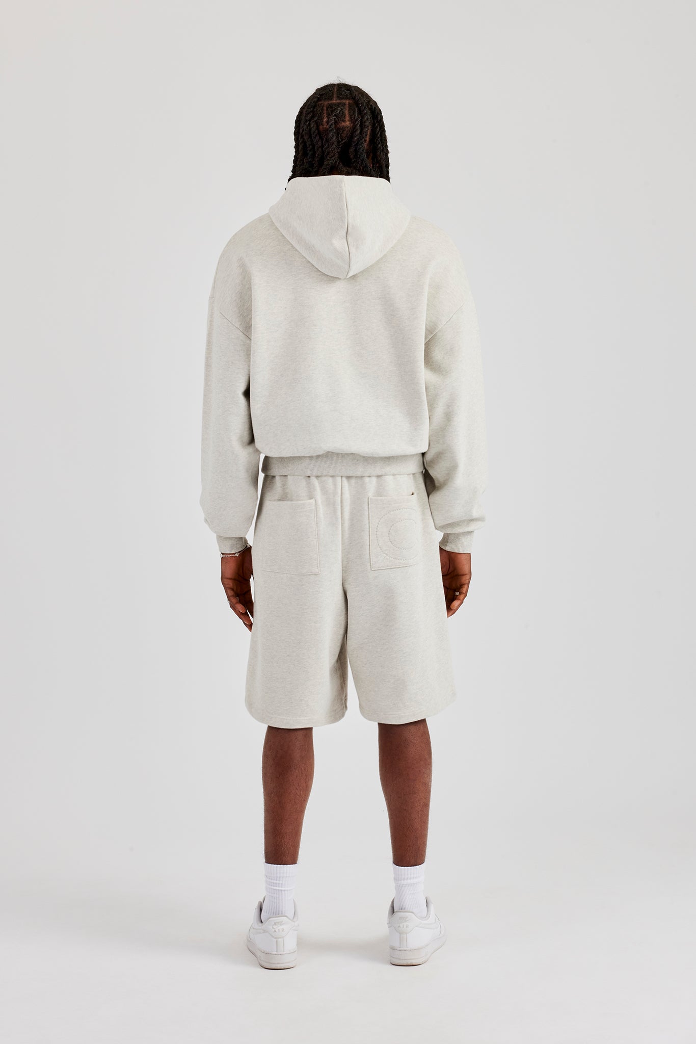 Embroidered C Boxy Zip Through Hoodie & Short - Ash Grey