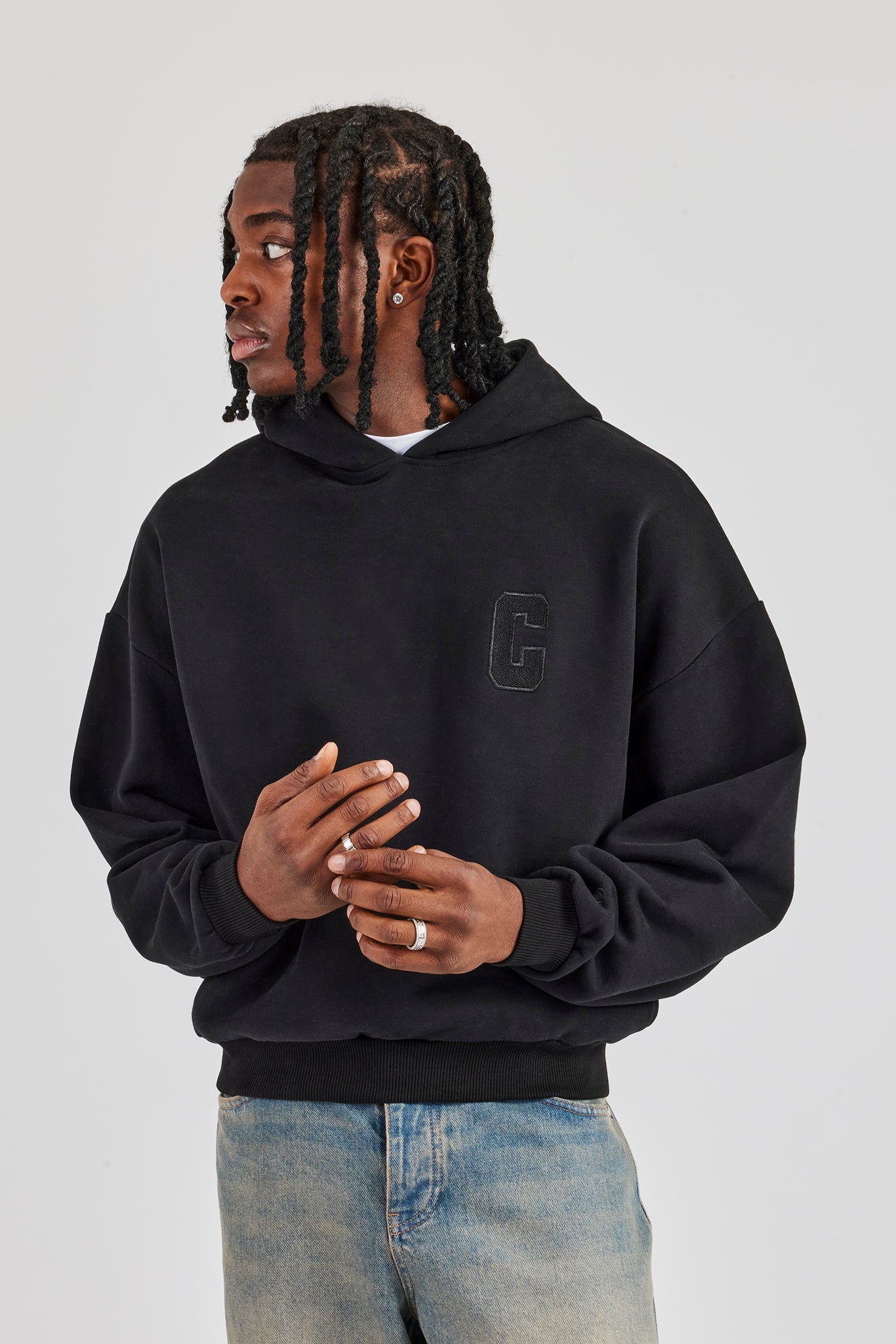 Embroidered C Boxy Hoodie - Black