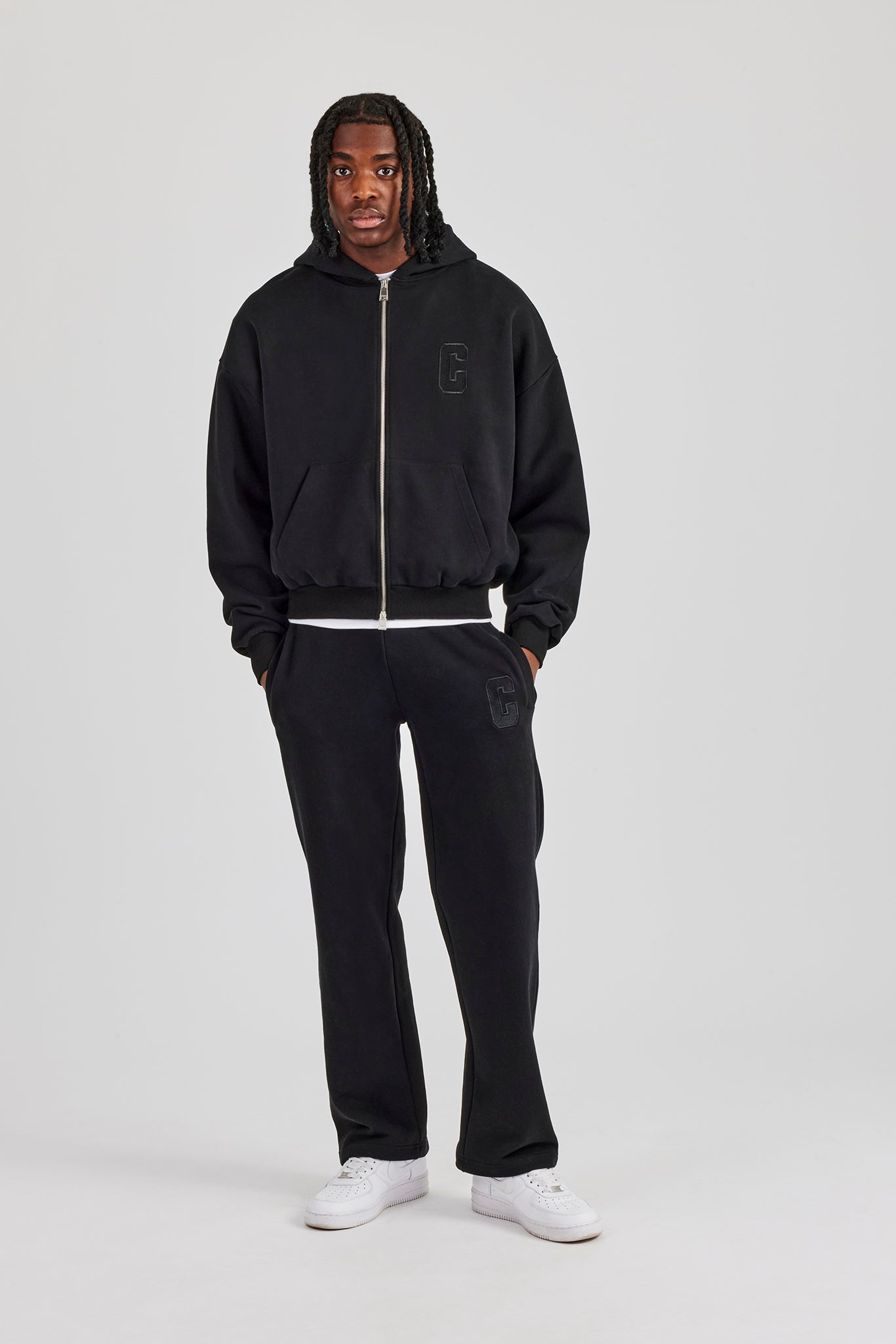 Embroidered C Boxy Zip Through Tracksuit - Black