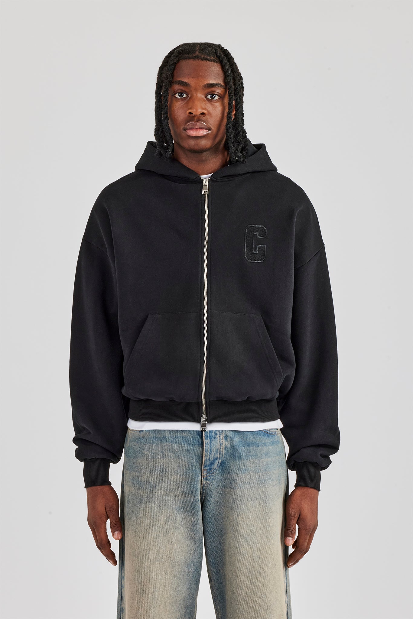 Embroidered C Boxy Zip Through Hoodie - Black