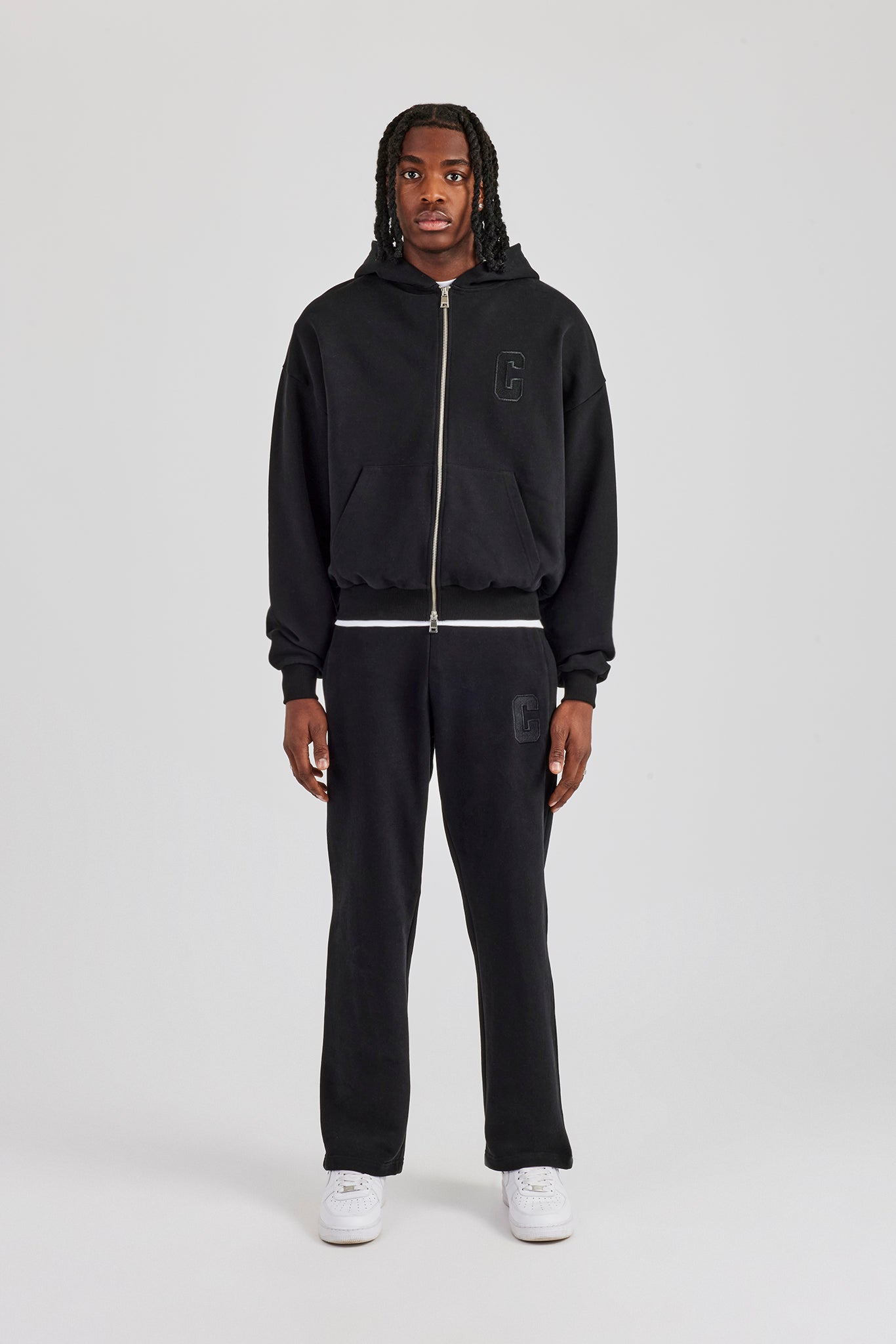 Embroidered C Boxy Zip Through Tracksuit - Black