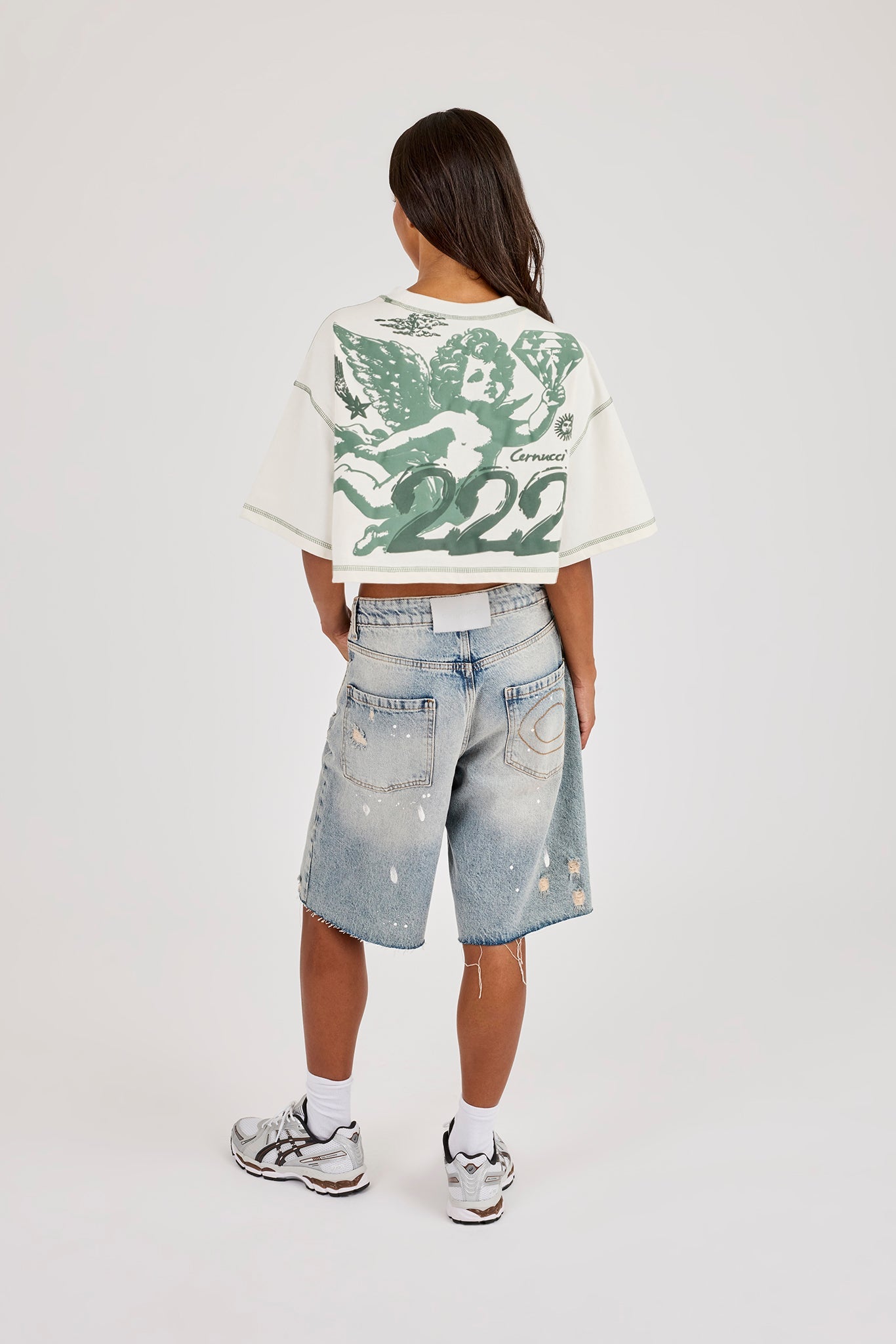 222 Dark Green Cherub Cropped T-Shirt - Off White