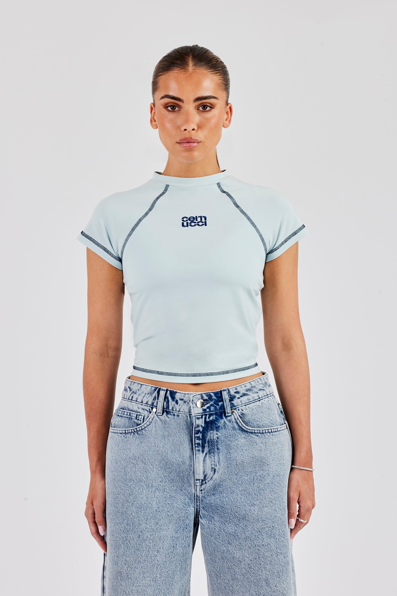 Contrast Stitch Cap Sleeve Tee - Baby Blue