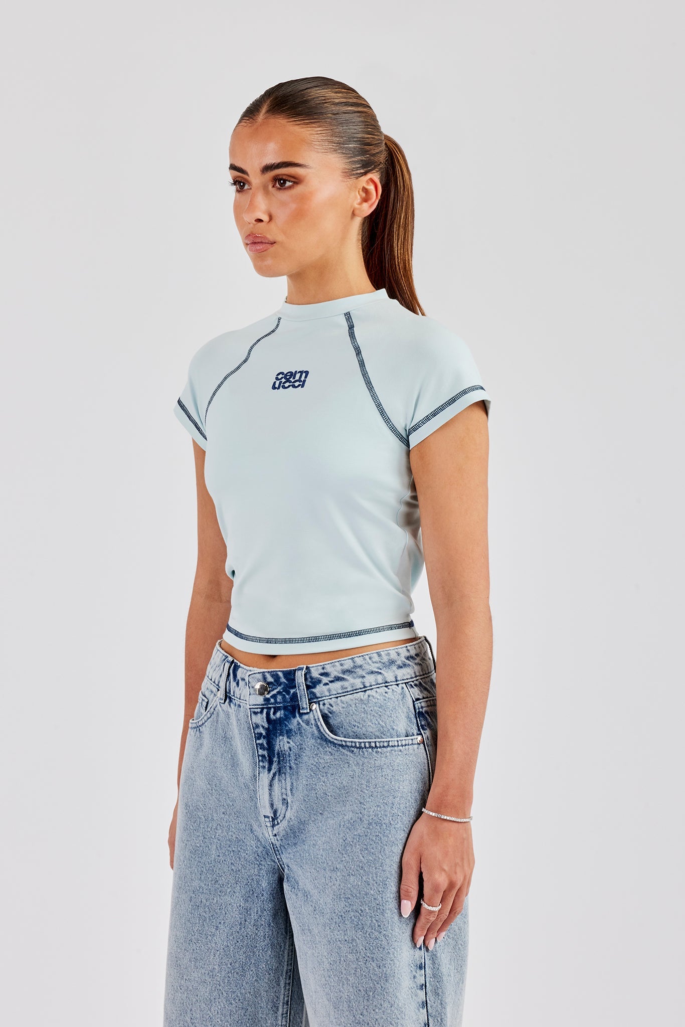 Contrast Stitch Cap Sleeve Tee - Baby Blue