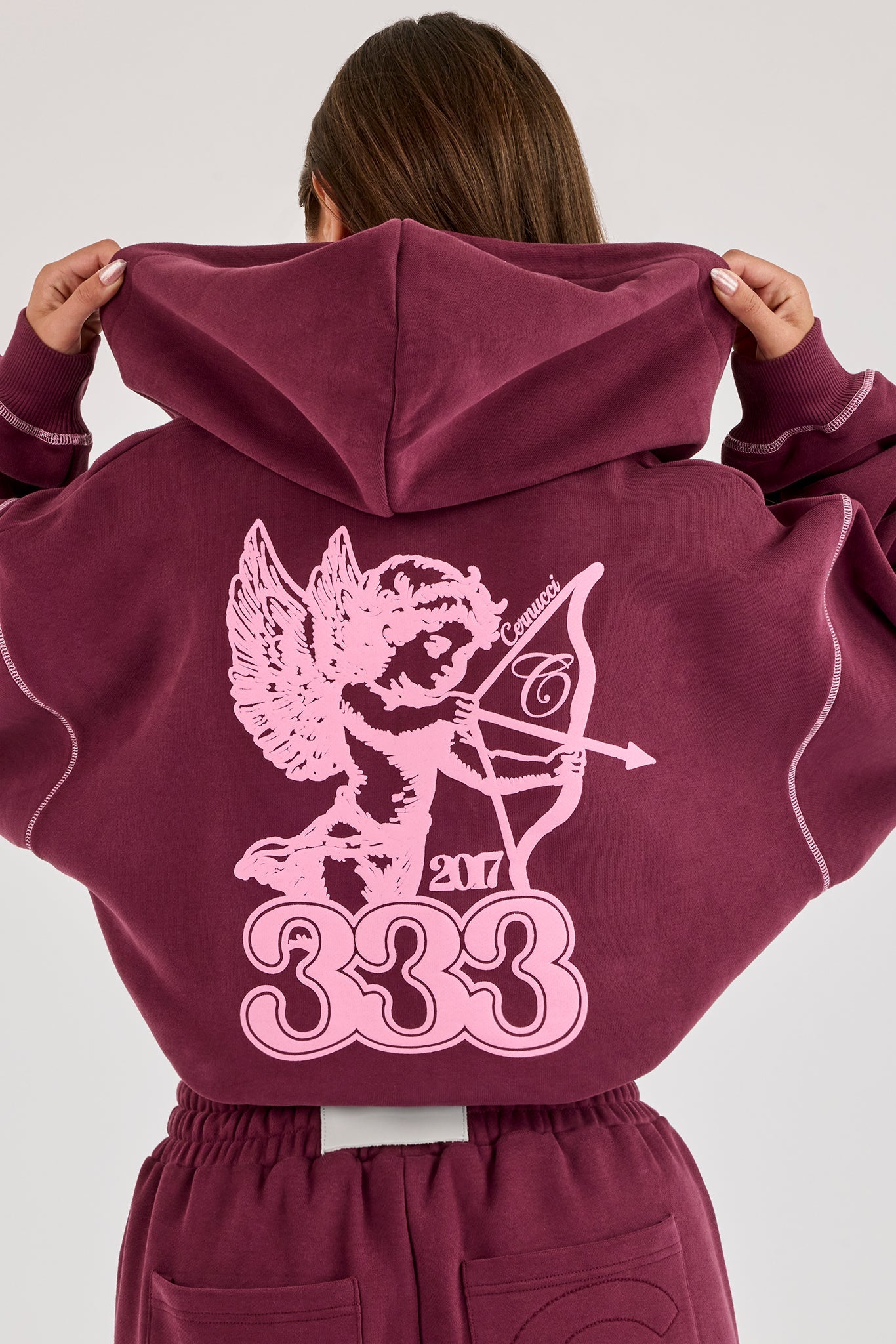 Contrast Stitch 333 Cherub & Bow Cropped Hoodie & Wide Leg Jogger – Berry