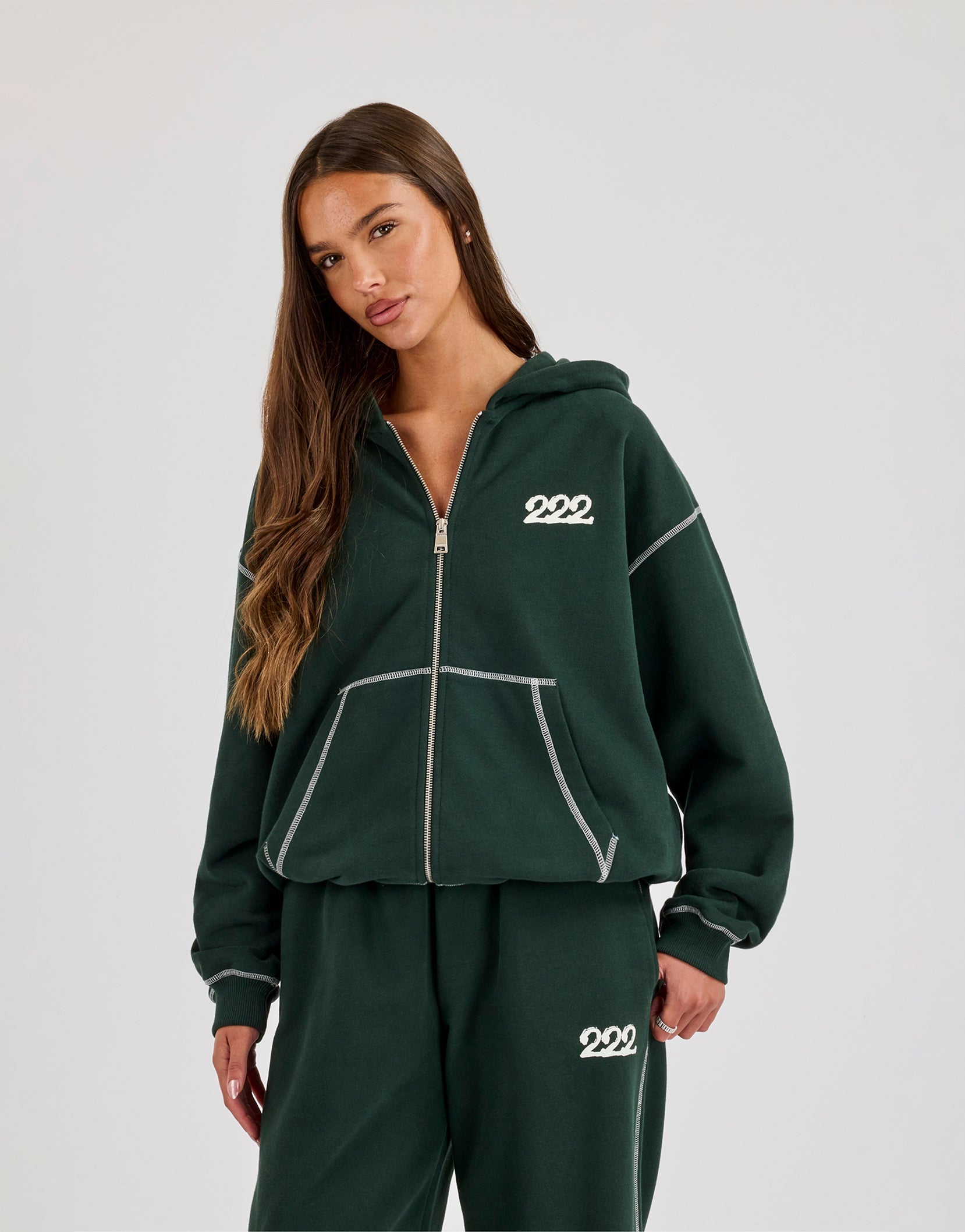 Contrast Stitch 222 Cherub Hoodie - Dark Green