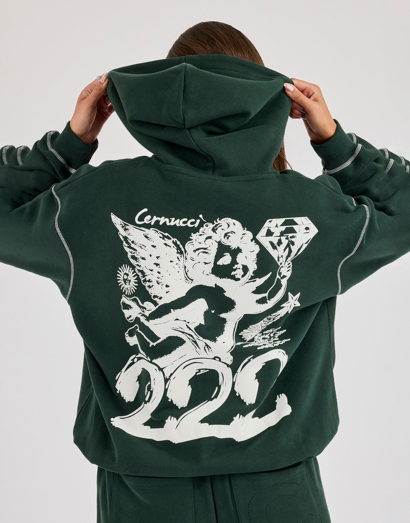 Contrast Stitch 222 Cherub Hoodie - Dark Green