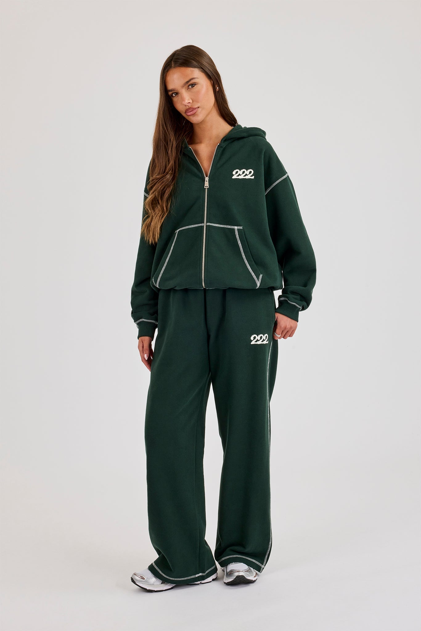 Contrast Stitch 222 Cherub Hoodie & Wide Leg Jogger – Dark Green