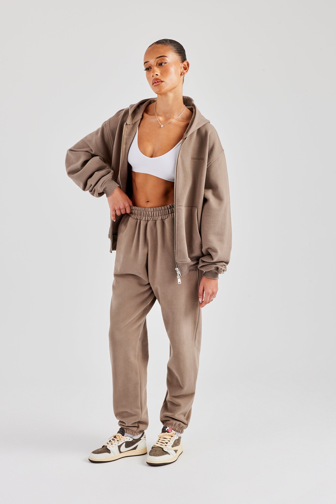 Oversized Zip Through Hoodie & Cuffed Joggers - Taupe