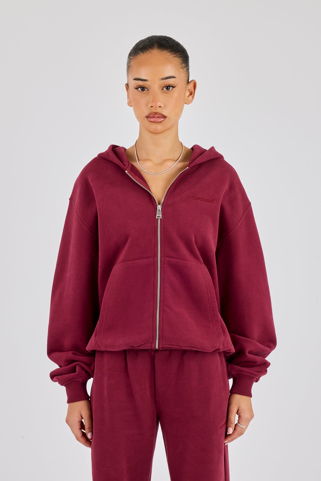 Oversized Zip Through Hoodie - Burgundy