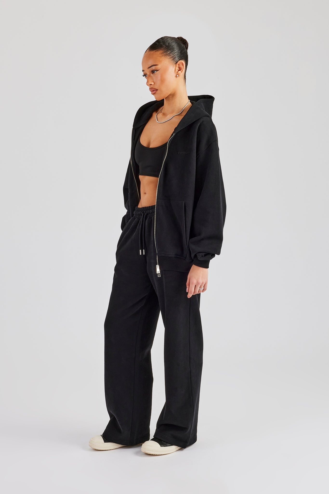 Oversized Zip Through Hoodie & Embroidered Wide Leg Jogger - Black