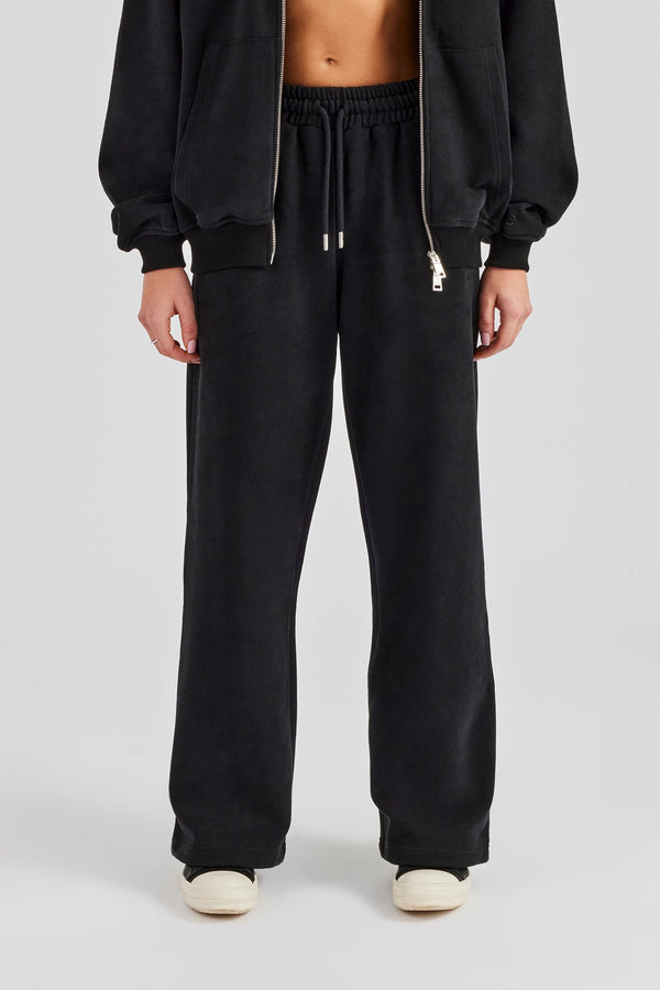 Embroidered Wide Leg Jogger - Black