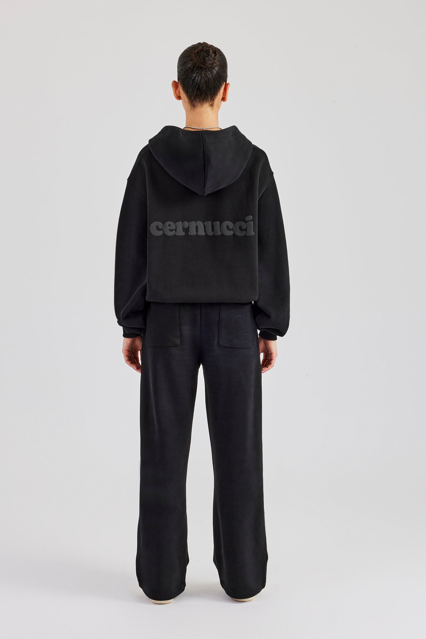 Oversized Zip Through Hoodie & Embroidered Wide Leg Jogger - Black