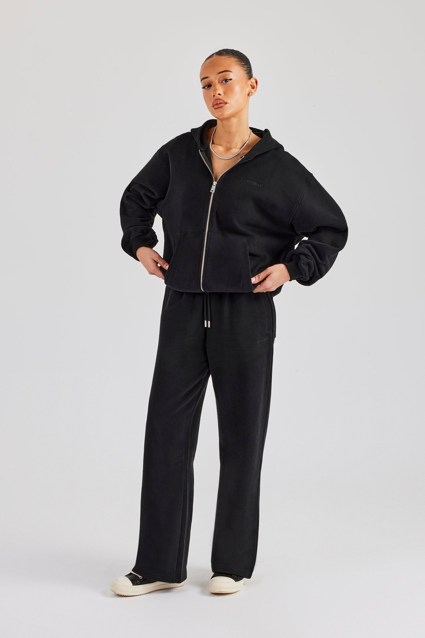 Oversized Zip Through Hoodie & Embroidered Wide Leg Jogger - Black