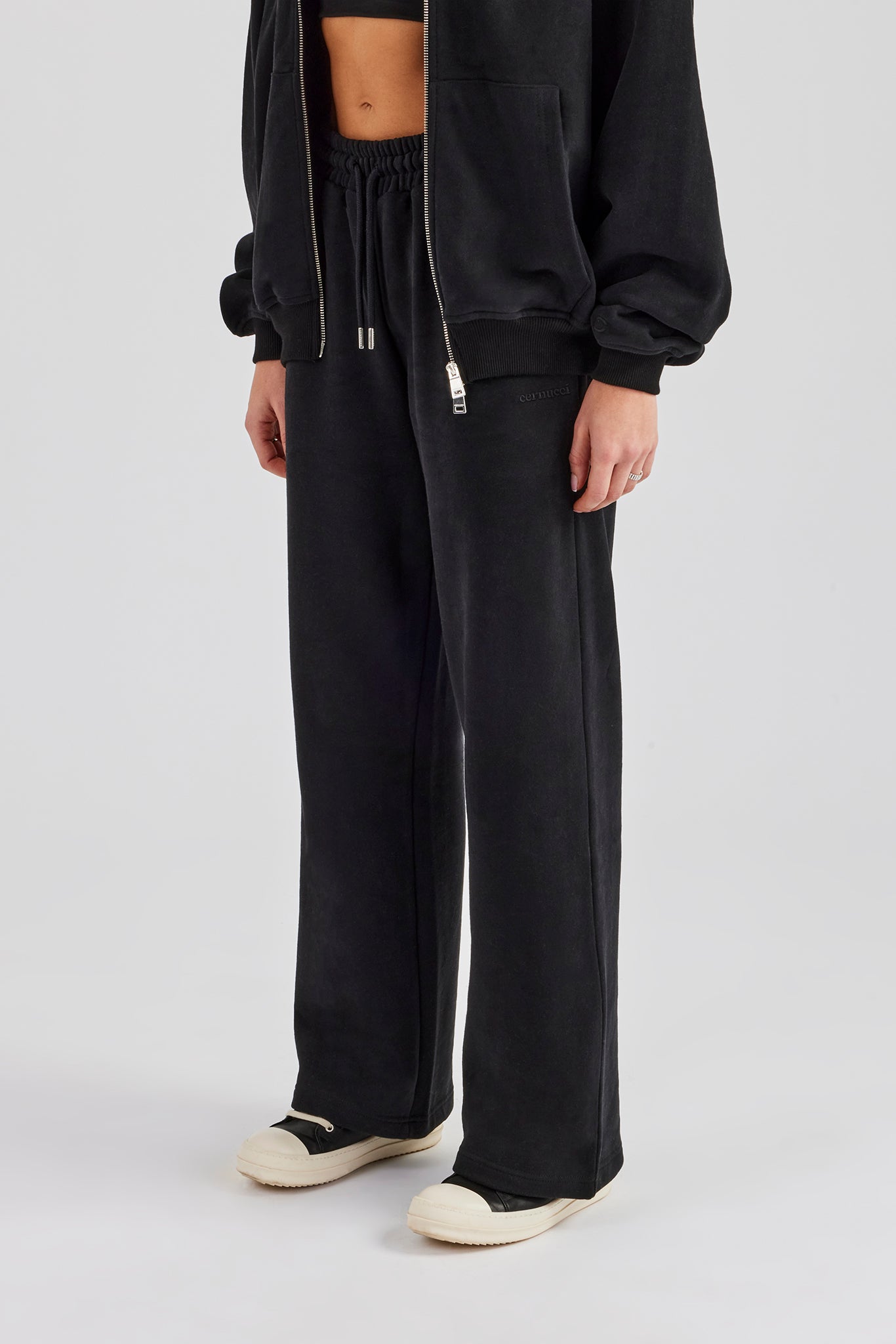 Embroidered Wide Leg Jogger - Black