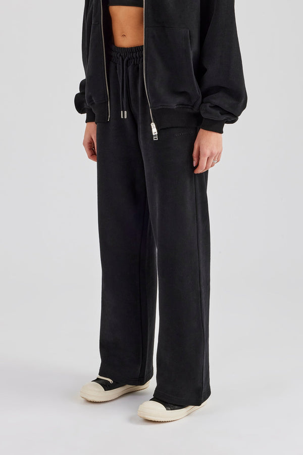 Embroidered Wide Leg Jogger - Black